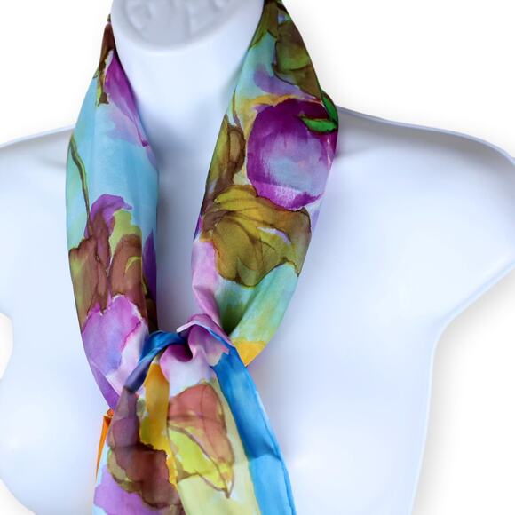 Adron Watercolor Blue Yellow Pink Silk Narrow Rectangle Scarf - Picture 3 of 7